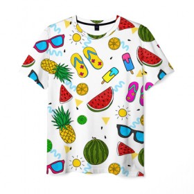 Мужская футболка 3D с принтом Летняя в Санкт-Петербурге, 100% полиэфир | прямой крой, круглый вырез горловины, длина до линии бедер | hot | lemon | summer | sun | ананас | арбуз | жара | курорт | лайм | лето | лимон | море | мороженое | отдых | очки | пляж | солнце