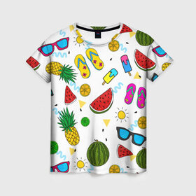Женская футболка 3D с принтом Летняя в Санкт-Петербурге, 100% полиэфир ( синтетическое хлопкоподобное полотно) | прямой крой, круглый вырез горловины, длина до линии бедер | hot | lemon | summer | sun | ананас | арбуз | жара | курорт | лайм | лето | лимон | море | мороженое | отдых | очки | пляж | солнце