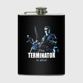 Фляга с принтом Terminator alive в Санкт-Петербурге, металлический корпус | емкость 0,22 л, размер 125 х 94 мм. Виниловая наклейка запечатывается полностью | Тематика изображения на принте: arnold schwarzenegger | арнольд шварценеггер | киборг | кино | терминатор