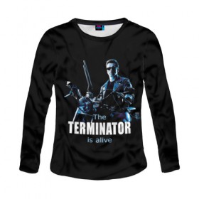 Женский лонгслив 3D с принтом Terminator alive в Санкт-Петербурге, 100% полиэстер | длинные рукава, круглый вырез горловины, полуприлегающий силуэт | arnold schwarzenegger | арнольд шварценеггер | киборг | кино | терминатор