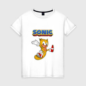 Женская футболка хлопок с принтом Sonic в Санкт-Петербурге, 100% хлопок | прямой крой, круглый вырез горловины, длина до линии бедер, слегка спущенное плечо | hedgehog | knuckles | sega | sonic | super | tails | ёжик | ехидна | лисенок | лисица | наклз | сега | соник | супер | суперёжик | тэилз | тэилс