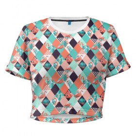 Женская футболка Cropp-top с принтом Фламинго в Санкт-Петербурге, 100% полиэстер | круглая горловина, длина футболки до линии талии, рукава с отворотами | пальмы | птица | разноцветная | розовый | розовый фламинго | ромбики | тропики | фламинго | цветная