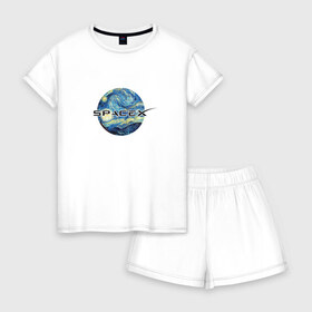 Женская пижама с шортиками хлопок с принтом Space X в Санкт-Петербурге, 100% хлопок | футболка прямого кроя, шорты свободные с широкой мягкой резинкой | ван гог | илон | илон маск | искусство | космос | лунная ночь | маск | небо | прикольная | технологии | тренд