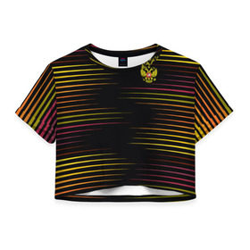 Женская футболка 3D укороченная с принтом RUSSIA - Multi-colored stripes в Санкт-Петербурге, 100% полиэстер | круглая горловина, длина футболки до линии талии, рукава с отворотами | 