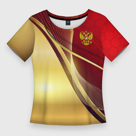 Женская футболка 3D Slim с принтом RUSSIA SPORT: Red and Gold. в Санкт-Петербурге,  |  | abstract | design | geometry | hexagon | red and black | russia | sport | texture | абстракция | геометрия | герб | дизайн | патриот | патриотизм | россия | русский | соты | спорт | текстура | шестиугольники