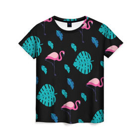 Женская футболка 3D с принтом Узор из фламинго в Санкт-Петербурге, 100% полиэфир ( синтетическое хлопкоподобное полотно) | прямой крой, круглый вырез горловины, длина до линии бедер | африка | крылья | мода | прикольные | природа | птица | розовый | фламинго | цвет | яркие