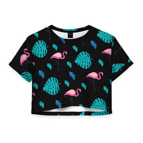 Женская футболка Cropp-top с принтом Узор из фламинго в Санкт-Петербурге, 100% полиэстер | круглая горловина, длина футболки до линии талии, рукава с отворотами | африка | крылья | мода | прикольные | природа | птица | розовый | фламинго | цвет | яркие