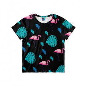 Детская футболка 3D с принтом Узор из фламинго в Санкт-Петербурге, 100% гипоаллергенный полиэфир | прямой крой, круглый вырез горловины, длина до линии бедер, чуть спущенное плечо, ткань немного тянется | африка | крылья | мода | прикольные | природа | птица | розовый | фламинго | цвет | яркие