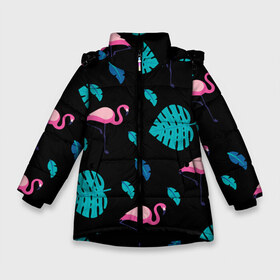 Зимняя куртка для девочек 3D с принтом Узор из фламинго в Санкт-Петербурге, ткань верха — 100% полиэстер; подклад — 100% полиэстер, утеплитель — 100% полиэстер. | длина ниже бедра, удлиненная спинка, воротник стойка и отстегивающийся капюшон. Есть боковые карманы с листочкой на кнопках, утяжки по низу изделия и внутренний карман на молнии. 

Предусмотрены светоотражающий принт на спинке, радужный светоотражающий элемент на пуллере молнии и на резинке для утяжки. | африка | крылья | мода | прикольные | природа | птица | розовый | фламинго | цвет | яркие