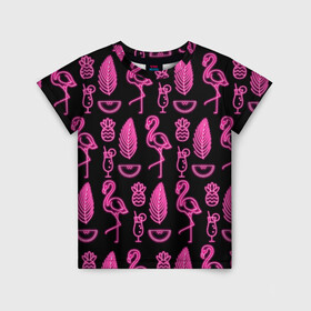Детская футболка 3D с принтом Светящийся фламинго в Санкт-Петербурге, 100% гипоаллергенный полиэфир | прямой крой, круглый вырез горловины, длина до линии бедер, чуть спущенное плечо, ткань немного тянется | Тематика изображения на принте: африка | крылья | мода | прикольные | природа | птица | розовый | фламинго | цвет | яркие