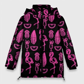 Женская зимняя куртка 3D с принтом Светящийся фламинго в Санкт-Петербурге, верх — 100% полиэстер; подкладка — 100% полиэстер; утеплитель — 100% полиэстер | длина ниже бедра, силуэт Оверсайз. Есть воротник-стойка, отстегивающийся капюшон и ветрозащитная планка. 

Боковые карманы с листочкой на кнопках и внутренний карман на молнии | африка | крылья | мода | прикольные | природа | птица | розовый | фламинго | цвет | яркие