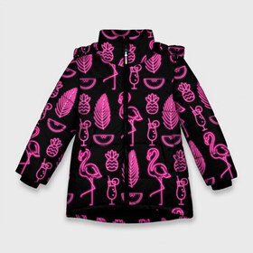 Зимняя куртка для девочек 3D с принтом Светящийся фламинго в Санкт-Петербурге, ткань верха — 100% полиэстер; подклад — 100% полиэстер, утеплитель — 100% полиэстер. | длина ниже бедра, удлиненная спинка, воротник стойка и отстегивающийся капюшон. Есть боковые карманы с листочкой на кнопках, утяжки по низу изделия и внутренний карман на молнии. 

Предусмотрены светоотражающий принт на спинке, радужный светоотражающий элемент на пуллере молнии и на резинке для утяжки. | африка | крылья | мода | прикольные | природа | птица | розовый | фламинго | цвет | яркие