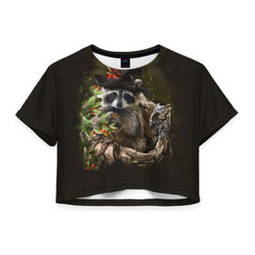 Женская футболка 3D укороченная с принтом Енот и сова в Санкт-Петербурге, 100% полиэстер | круглая горловина, длина футболки до линии талии, рукава с отворотами | дерево | енот | животные | лес | птицы | сова | шляпа