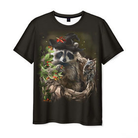 Мужская футболка 3D с принтом Енот и сова в Санкт-Петербурге, 100% полиэфир | прямой крой, круглый вырез горловины, длина до линии бедер | дерево | енот | животные | лес | птицы | сова | шляпа