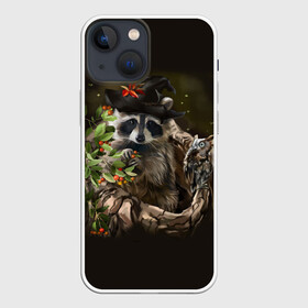 Чехол для iPhone 13 mini с принтом Енот и сова в Санкт-Петербурге,  |  | Тематика изображения на принте: дерево | енот | животные | лес | птицы | сова | шляпа