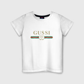 Детская футболка хлопок с принтом Gussi в Санкт-Петербурге, 100% хлопок | круглый вырез горловины, полуприлегающий силуэт, длина до линии бедер | Тематика изображения на принте: ga ga ga | gang | gucci | guchi | guci | gusi | gussi | га га га | гуси | гусси | гучи | гуччи | модный гусь