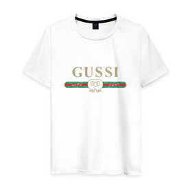 Мужская футболка хлопок с принтом Gussi в Санкт-Петербурге, 100% хлопок | прямой крой, круглый вырез горловины, длина до линии бедер, слегка спущенное плечо. | ga ga ga | gang | gucci | guchi | guci | gusi | gussi | га га га | гуси | гусси | гучи | гуччи | модный гусь