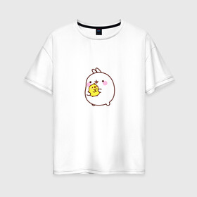 Женская футболка хлопок Oversize с принтом Molang Друзья в Санкт-Петербурге, 100% хлопок | свободный крой, круглый ворот, спущенный рукав, длина до линии бедер
 | kawaii | аниме | зайчик | зая | заяц | каваи | мимими | моланг | птенчик