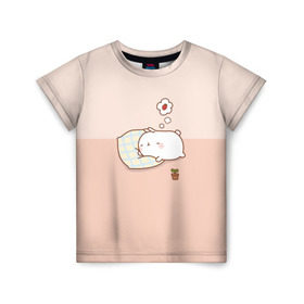 Детская футболка 3D с принтом Molang Сладкий Сон в Санкт-Петербурге, 100% гипоаллергенный полиэфир | прямой крой, круглый вырез горловины, длина до линии бедер, чуть спущенное плечо, ткань немного тянется | kawaii | аниме | зайчик | зая | заяц | каваи | клубника | мимими | моланг | розовый | сон