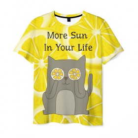 Мужская футболка 3D с принтом More Sun In Your Life в Санкт-Петербурге, 100% полиэфир | прямой крой, круглый вырез горловины, длина до линии бедер | cat | kitty | lemon | lemonade | limon | pussycat | summer | жара | желтый | кот | котенок | котики | котэ | кошка | лемон | лемонад | лето | лимон | лимонад | позитив | серый | сок | солнце | сочный | фрукт | цитрус | черный | яркий