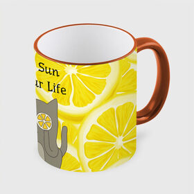 Кружка 3D с принтом More Sun In Your Life в Санкт-Петербурге, керамика | ёмкость 330 мл | Тематика изображения на принте: cat | kitty | lemon | lemonade | limon | pussycat | summer | жара | желтый | кот | котенок | котики | котэ | кошка | лемон | лемонад | лето | лимон | лимонад | позитив | серый | сок | солнце | сочный | фрукт | цитрус | черный | яркий