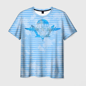 Мужская футболка 3D с принтом ВДВ в Санкт-Петербурге, 100% полиэфир | прямой крой, круглый вырез горловины, длина до линии бедер | вдв | голубая | никто кроме нас | парашют | полоски | самолеты | тельняшка