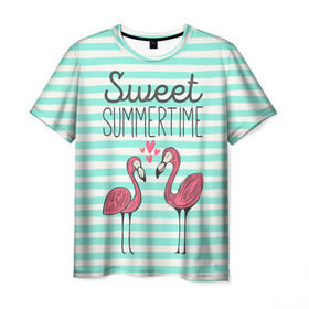 Мужская футболка 3D с принтом Sweet Summer Time в Санкт-Петербурге, 100% полиэфир | прямой крой, круглый вырез горловины, длина до линии бедер | animal | art | flamingo | love | pink | summer | sweet | time | арт | белый | бирюзовый | жара | животное | лето | любовь | матроска | полоски | рисунок | розовый | роман | сердечки | сердце | серый | фламинго | черный