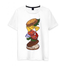 Мужская футболка хлопок с принтом Большой бургер в Санкт-Петербурге, 100% хлопок | прямой крой, круглый вырез горловины, длина до линии бедер, слегка спущенное плечо. | Тематика изображения на принте: 