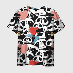 Мужская футболка 3D с принтом Пандяшки в Санкт-Петербурге, 100% полиэфир | прямой крой, круглый вырез горловины, длина до линии бедер | baby | cute | fun | gift | happy | heart | panda | paw | smile | белый | красный | лапа | малыш | милый | мягкий | нежный | няшный | панда | подарок | радость | розовый | сердце | счастье | сюрприз | улыбка | черный