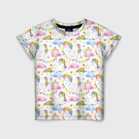 Детская футболка 3D с принтом Акварельные Единороги в Санкт-Петербурге, 100% гипоаллергенный полиэфир | прямой крой, круглый вырез горловины, длина до линии бедер, чуть спущенное плечо, ткань немного тянется | Тематика изображения на принте: unicorn | единорог | единорожка | мимими | радуга