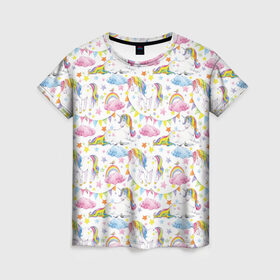 Женская футболка 3D с принтом Акварельные Единороги в Санкт-Петербурге, 100% полиэфир ( синтетическое хлопкоподобное полотно) | прямой крой, круглый вырез горловины, длина до линии бедер | unicorn | единорог | единорожка | мимими | радуга