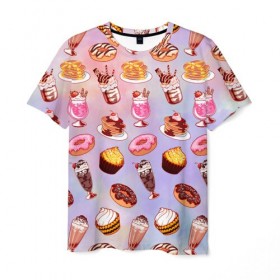 Мужская футболка 3D с принтом Очень Сладкий Паттерн в Санкт-Петербурге, 100% полиэфир | прямой крой, круглый вырез горловины, длина до линии бедер | Тематика изображения на принте: блины | вкусняшка | еда | кекс | клубника | коктейль | мороженое | панкейк | пончик | сладости