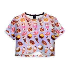 Женская футболка 3D укороченная с принтом Очень Сладкий Паттерн в Санкт-Петербурге, 100% полиэстер | круглая горловина, длина футболки до линии талии, рукава с отворотами | блины | вкусняшка | еда | кекс | клубника | коктейль | мороженое | панкейк | пончик | сладости
