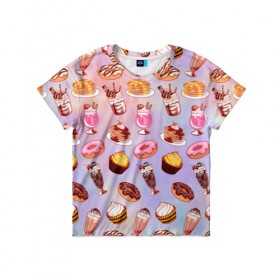 Детская футболка 3D с принтом Очень Сладкий Паттерн в Санкт-Петербурге, 100% гипоаллергенный полиэфир | прямой крой, круглый вырез горловины, длина до линии бедер, чуть спущенное плечо, ткань немного тянется | блины | вкусняшка | еда | кекс | клубника | коктейль | мороженое | панкейк | пончик | сладости