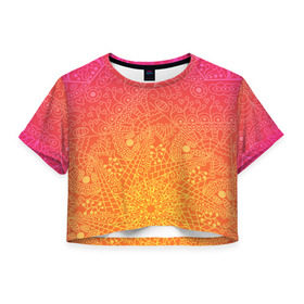Женская футболка 3D укороченная с принтом Солнечные мандалы в Санкт-Петербурге, 100% полиэстер | круглая горловина, длина футболки до линии талии, рукава с отворотами | 