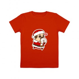 Детская футболка хлопок с принтом Puglie Pug Новогодний в Санкт-Петербурге, 100% хлопок | круглый вырез горловины, полуприлегающий силуэт, длина до линии бедер | Тематика изображения на принте: 2019 | kawaii | злюка | каваи | мопс | новый год | пес | пончик | собака