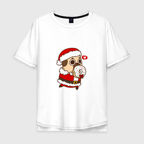 Мужская футболка хлопок Oversize с принтом Puglie Pug Новогодний в Санкт-Петербурге, 100% хлопок | свободный крой, круглый ворот, “спинка” длиннее передней части | 2019 | kawaii | злюка | каваи | мопс | новый год | пес | пончик | собака