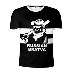 Мужская футболка 3D спортивная с принтом RUSSIAN BRATVA в Санкт-Петербурге, 100% полиэстер с улучшенными характеристиками | приталенный силуэт, круглая горловина, широкие плечи, сужается к линии бедра | Тематика изображения на принте: mafia | russian | бандит | герб | мафия | россия | флаг