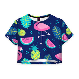 Женская футболка 3D укороченная с принтом Фламинго в Санкт-Петербурге, 100% полиэстер | круглая горловина, длина футболки до линии талии, рукава с отворотами | flamingo | ананас | арбуз | летние | летняя | лето | листья | текстура | фламинго | фрукты