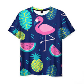 Мужская футболка 3D с принтом Фламинго в Санкт-Петербурге, 100% полиэфир | прямой крой, круглый вырез горловины, длина до линии бедер | Тематика изображения на принте: flamingo | ананас | арбуз | летние | летняя | лето | листья | текстура | фламинго | фрукты