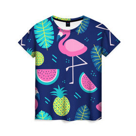 Женская футболка 3D с принтом Фламинго в Санкт-Петербурге, 100% полиэфир ( синтетическое хлопкоподобное полотно) | прямой крой, круглый вырез горловины, длина до линии бедер | flamingo | ананас | арбуз | летние | летняя | лето | листья | текстура | фламинго | фрукты