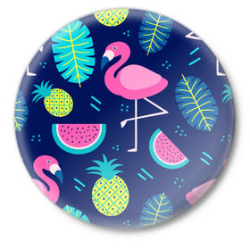 Значок с принтом Фламинго в Санкт-Петербурге,  металл | круглая форма, металлическая застежка в виде булавки | flamingo | ананас | арбуз | летние | летняя | лето | листья | текстура | фламинго | фрукты
