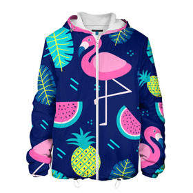 Мужская куртка 3D с принтом Фламинго в Санкт-Петербурге, ткань верха — 100% полиэстер, подклад — флис | прямой крой, подол и капюшон оформлены резинкой с фиксаторами, два кармана без застежек по бокам, один большой потайной карман на груди. Карман на груди застегивается на липучку | Тематика изображения на принте: flamingo | ананас | арбуз | летние | летняя | лето | листья | текстура | фламинго | фрукты