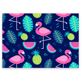 Поздравительная открытка с принтом Фламинго в Санкт-Петербурге, 100% бумага | плотность бумаги 280 г/м2, матовая, на обратной стороне линовка и место для марки
 | flamingo | ананас | арбуз | летние | летняя | лето | листья | текстура | фламинго | фрукты