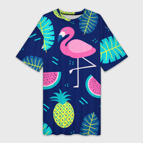 Платье-футболка 3D с принтом Фламинго в Санкт-Петербурге,  |  | flamingo | ананас | арбуз | летние | летняя | лето | листья | текстура | фламинго | фрукты