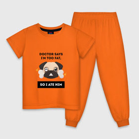 Детская пижама хлопок с принтом Футболка с мопсом в Санкт-Петербурге, 100% хлопок |  брюки и футболка прямого кроя, без карманов, на брюках мягкая резинка на поясе и по низу штанин
 | Тематика изображения на принте: бульдог | дог | животные | мопс | собака | толстый | юмор
