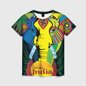 Женская футболка 3D с принтом Мама Индия в Санкт-Петербурге, 100% полиэфир ( синтетическое хлопкоподобное полотно) | прямой крой, круглый вырез горловины, длина до линии бедер | Тематика изображения на принте: ганеша | гималаи | индия | йога | кислота | практика | психоделика | слон | ярко