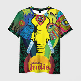 Мужская футболка 3D с принтом Мама Индия в Санкт-Петербурге, 100% полиэфир | прямой крой, круглый вырез горловины, длина до линии бедер | Тематика изображения на принте: ганеша | гималаи | индия | йога | кислота | практика | психоделика | слон | ярко