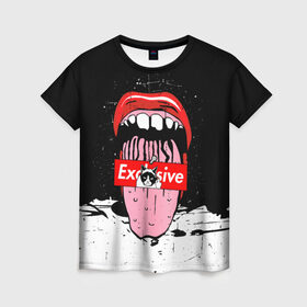Женская футболка 3D с принтом Exclusive в Санкт-Петербурге, 100% полиэфир ( синтетическое хлопкоподобное полотно) | прямой крой, круглый вырез горловины, длина до линии бедер | exclusive | rip n dip | губы | кот | суприм | язык