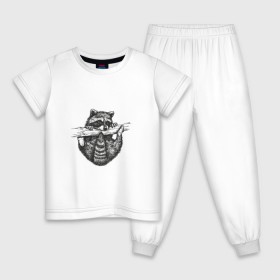 Детская пижама хлопок с принтом Енот - повисун в Санкт-Петербурге, 100% хлопок |  брюки и футболка прямого кроя, без карманов, на брюках мягкая резинка на поясе и по низу штанин
 | Тематика изображения на принте: енотики | еноты